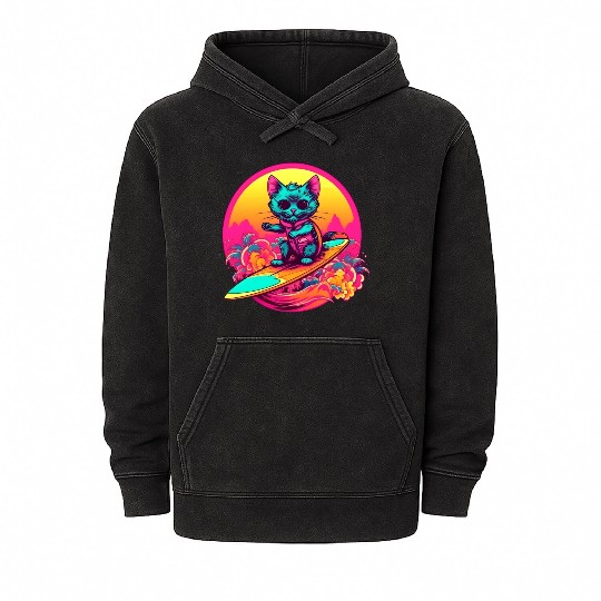 Cool Retro Surfing Cat Mineral Wash Hoodies