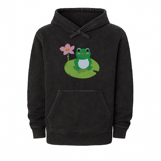 Green Frog on Lotus Leaf vector. Mineral Wash Hoodies