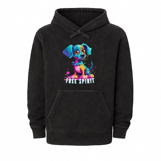 Free Spirit Mineral Wash Hoodies: Puppy Synthwave Graffiti Kids