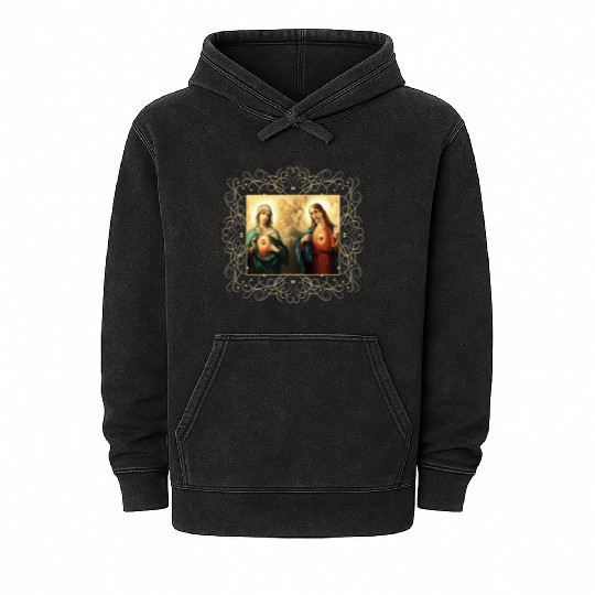 Sacred Heart and Immaculate Heart Picture Jesus an Mineral Wash Hoodies
