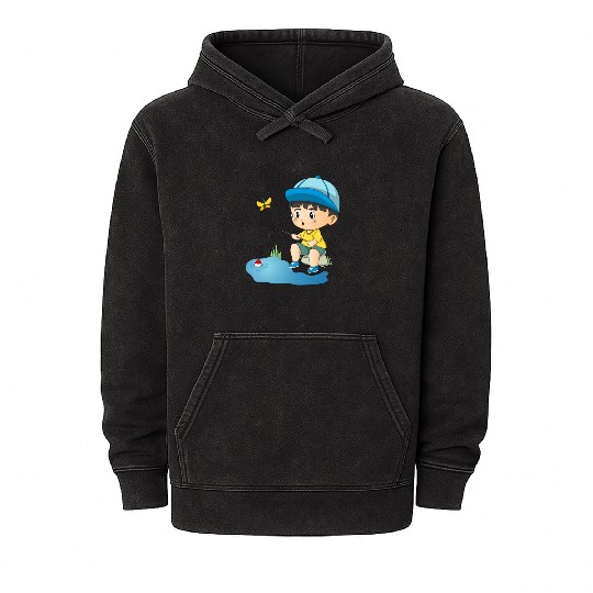 Cute Fishing Boy Angler Fisherman Kids Mineral Wash Hoodies