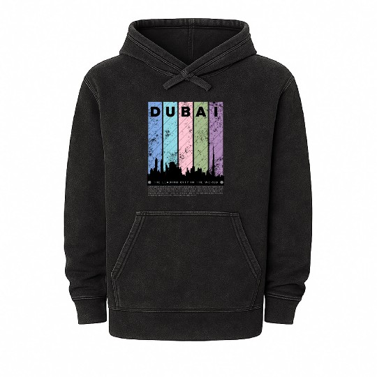 Black Colorful Dubai The Leading City in the World Mineral Wash Hoodies