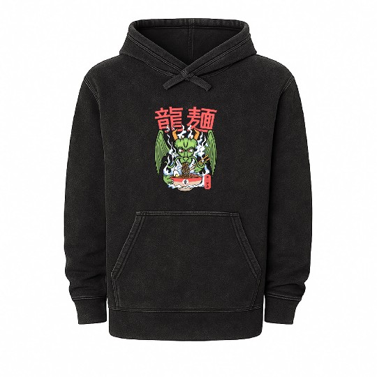 Dragon ramen noodles bowl Kawaii monstrous lizard Mineral Wash Hoodies