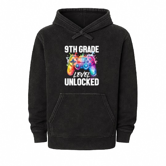 9th Grade Level Unlocked Back to School Video Game Mineral Wash Hoodies