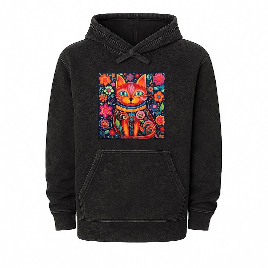 Folk Art Cat Floral Mineral Wash Hoodies