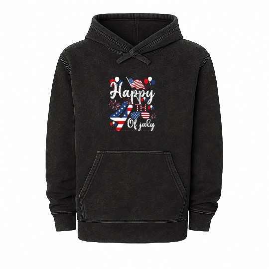 Happy Fourth Of July Patriotic American US Flag Mineral Wash Hoodies