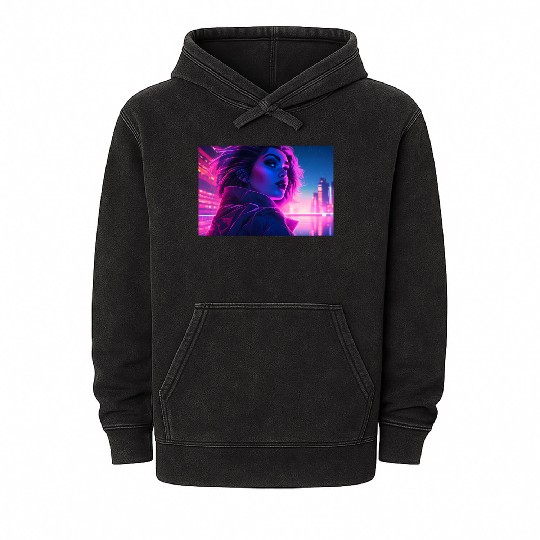 Synthwave Girl - Futuristic Design neon colors Mineral Wash Hoodies