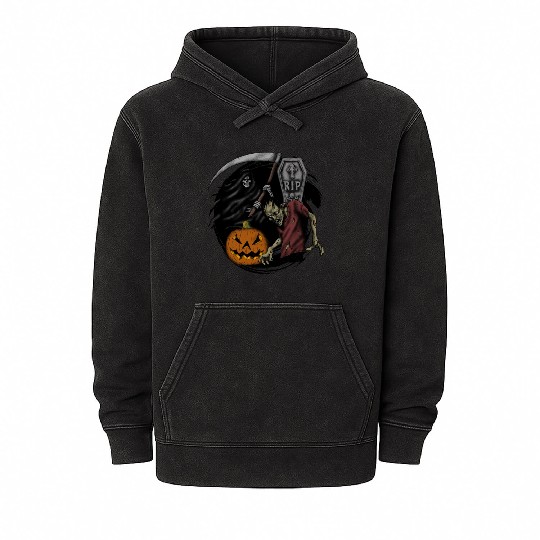 Scary pumpkin zombie Halloween grim reaper Mineral Wash Hoodies