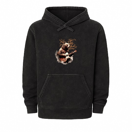 Bear Playing On Guitar Mineral Wash Hoodies