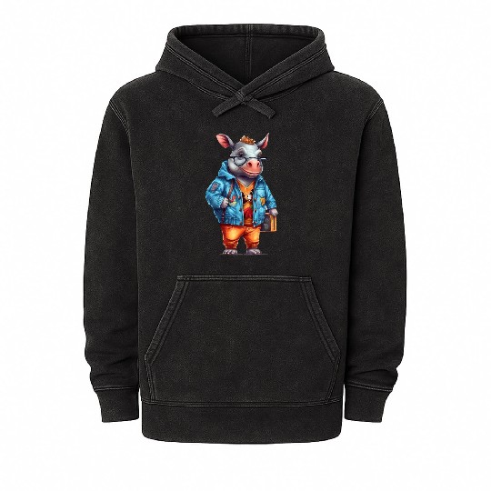 Cute Rhinoceros Cartoon Mineral Wash Hoodies