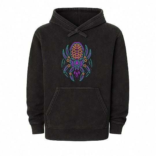 Spider Neon Tattoo Style Mineral Wash Hoodies