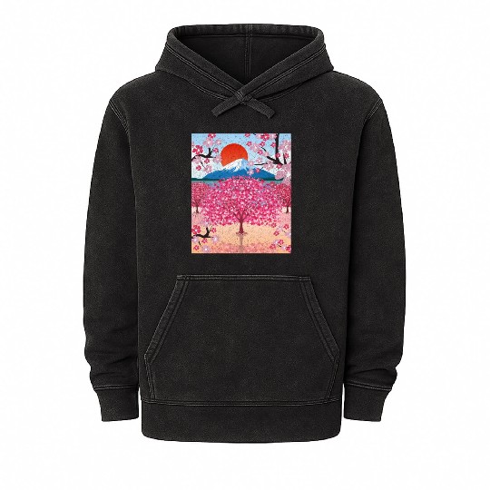 Sunset Sakura Mountains Gift Cherry Blossoms Mineral Wash Hoodies