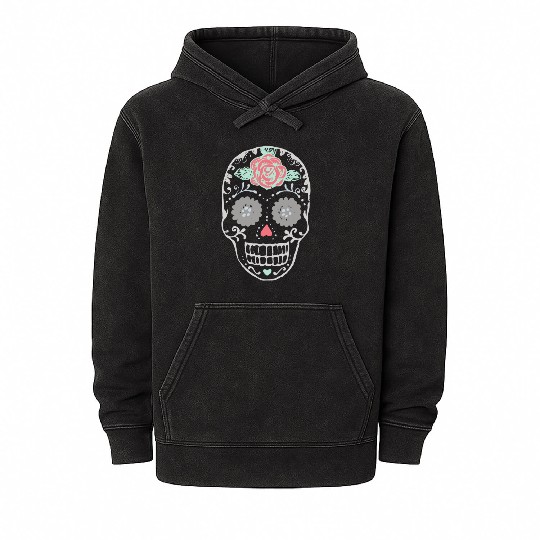 Sugar Skull With Red Rose On Forehead Mineral Wash Hoodies