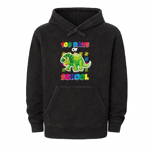 100 days of school green triceratops Mineral Wash Hoodies