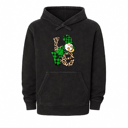 Love Irish Gnome Shamrock Leopard Plaid St Patrick Mineral Wash Hoodies
