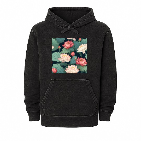 Serenity Blooms: Timeless Lotus Pattern Mineral Wash Hoodies