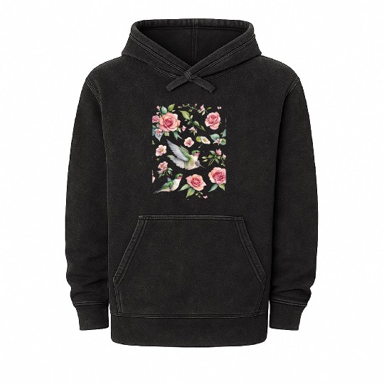 a little hummingbird and beautiful wildflowers Mineral Wash Hoodies