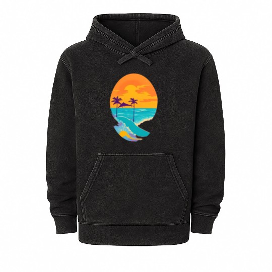 Golden Horizon: Serene Sunset & Surfing Paradise Mineral Wash Hoodies