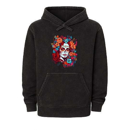 Dia de los muertos woman sugar skull with flowers Mineral Wash Hoodies
