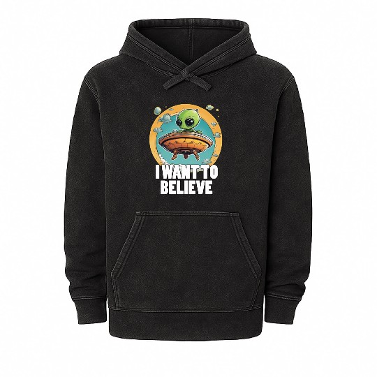 I WANT TO BELIEVE cute alien in spaceship Mineral Wash Hoodies