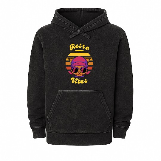 Black Coloful Sunset Cat Retro Vibes T-shit. Mineral Wash Hoodies