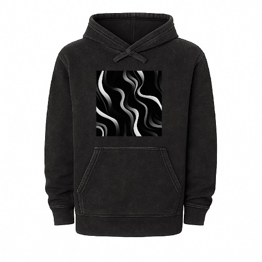 Monochrome Elegance: White Abstract Lines on Black Mineral Wash Hoodies