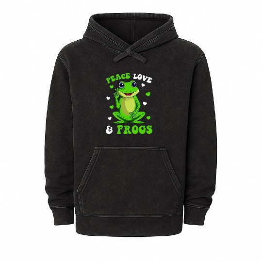 Peace Love Frogs Lover Frog Kids Girls Women Mineral Wash Hoodies