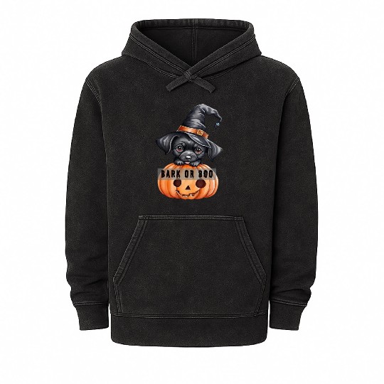 Halloween black puppy with pumpkin : bark or boo Mineral Wash Hoodies