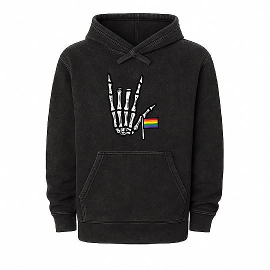 Gay Flag I Love You Hand Skeleton Rainbow Pride Mineral Wash Hoodies