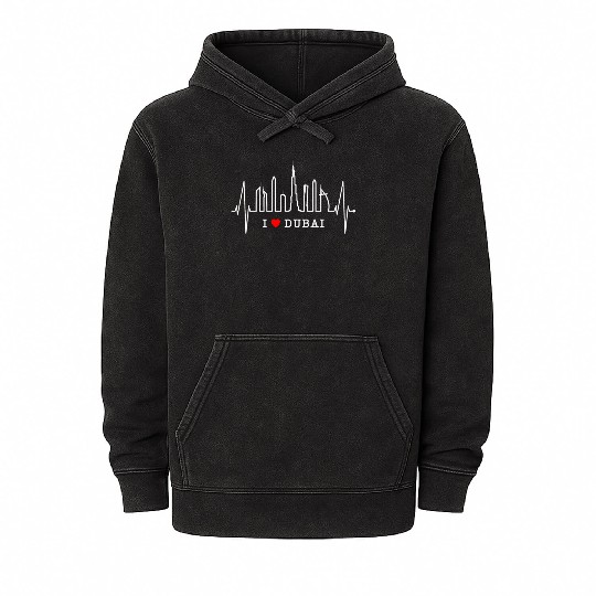 Dubai Skyline Heartbeat Burj Khalifa Silhouette Mineral Wash Hoodies