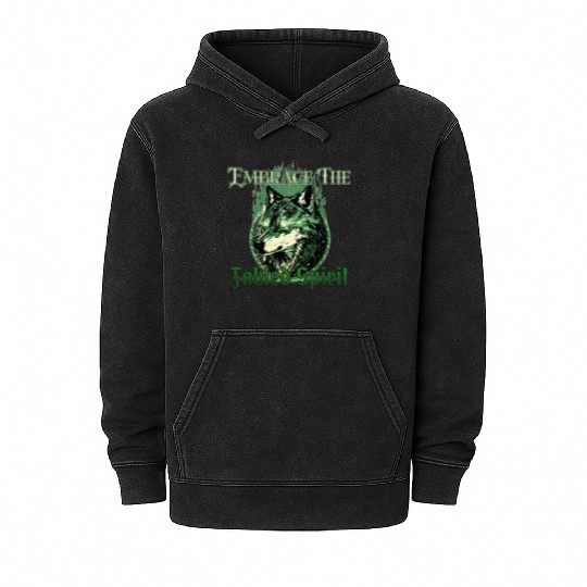 Embrace The Fabled Spirit Wolf Green Mineral Wash Hoodies