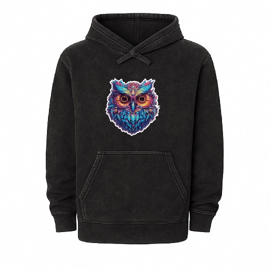 Luminous Nocturne: Holographic Owl Splendor Mineral Wash Hoodies