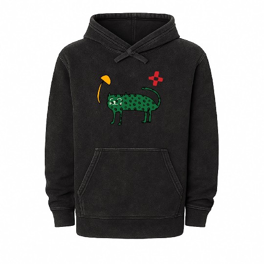Spring Cute Green Cat Mineral Wash Hoodies