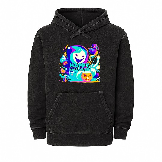 Happy Halloween Sorcerer's ghost with pumpkin Mineral Wash Hoodies