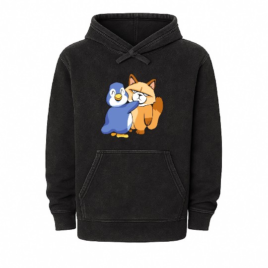 Angry Cat and a Penguin Animals Lover Funny Design Mineral Wash Hoodies