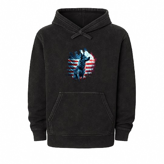 America dog under Moon with American Flag Mineral Wash Hoodies