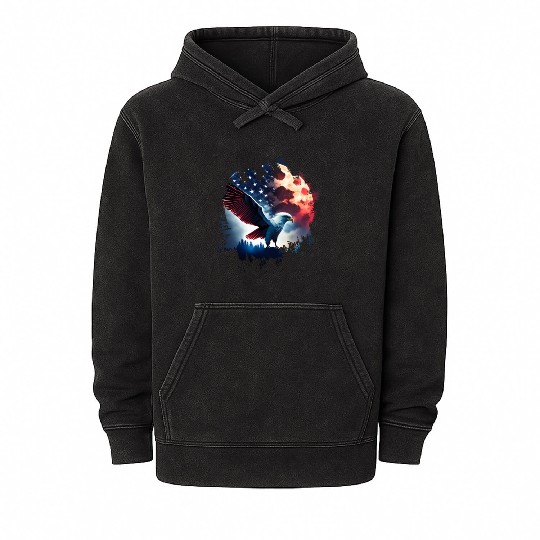 America eagle under Moon with American Flag Mineral Wash Hoodies
