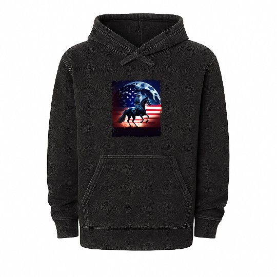 America horse under Moon with American Flag Mineral Wash Hoodies
