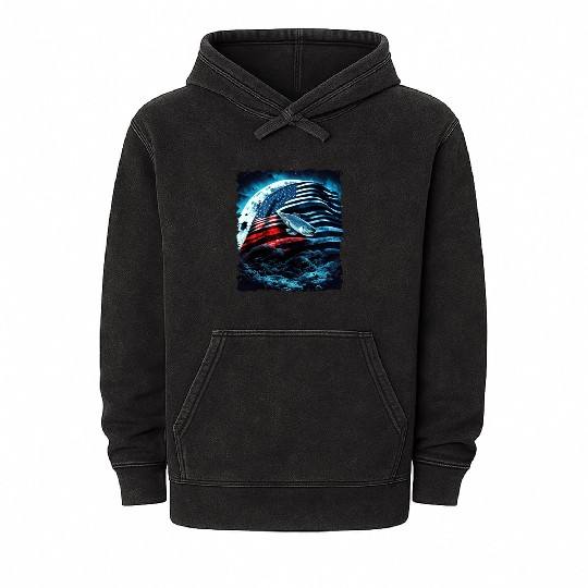 America fish under Moon with American Flag Mineral Wash Hoodies