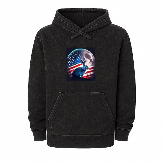 America rabbit under Moon with American Flag Mineral Wash Hoodies