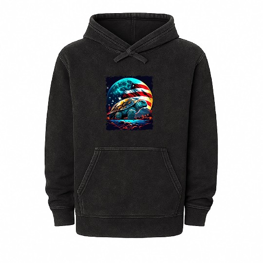 America turtle under Moon with American Flag Mineral Wash Hoodies