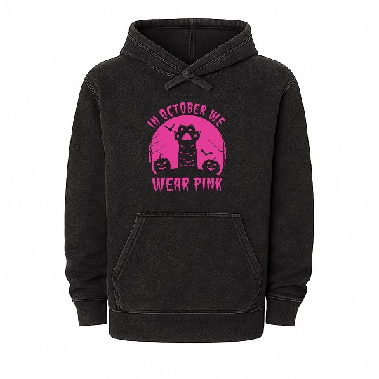 We Wear Pink Cat Pumpkin Breast Cancer Halloween Mineral Wash Hoodies