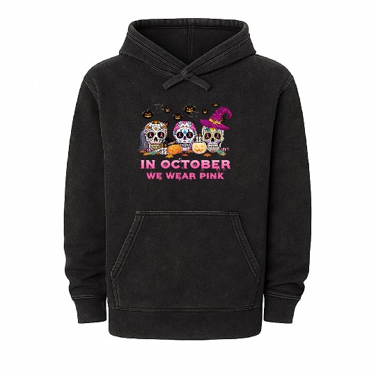 Sugar Skull We Wear Pink Breast Cancer Awareness Mineral Wash Hoodies