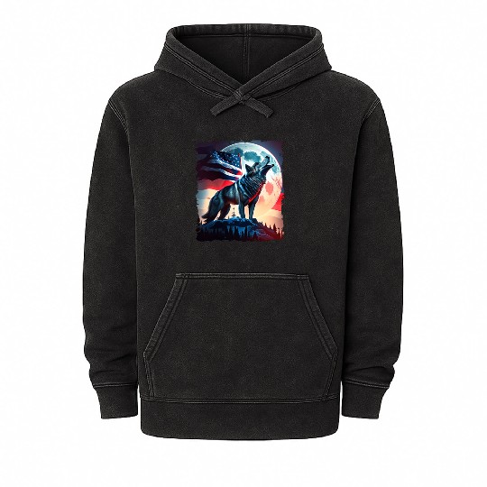 America wolf under Moon with American Flag Mineral Wash Hoodies