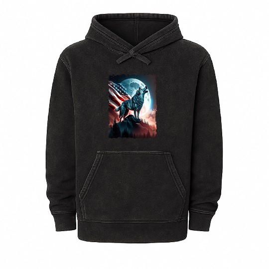 America wolf under Moon with American Flag Mineral Wash Hoodies