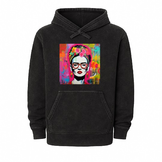 Frida Kahlo style urban art colorfull graffiti Mineral Wash Hoodies