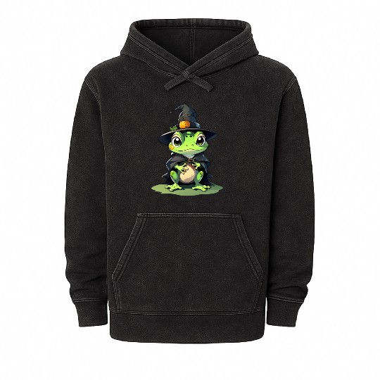 Cute Halloween frog with a witch hat. Mineral Wash Hoodies