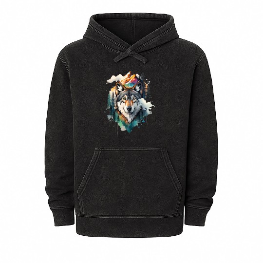 Majestic Mountain Wolf Nature Inspired Artwork Mineral Wash Hoodies