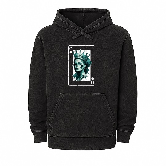 Poker Card Game Creepy Queen of Spades Gothic Mineral Wash Hoodies