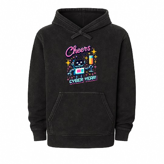 Retro Robot New Year's Toast - Cyber Champagne Fun Mineral Wash Hoodies